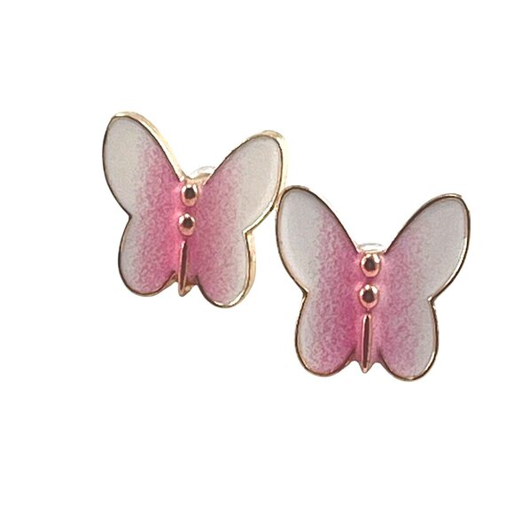 Butterfly Enamel Stud Earrings Pink & White - Picture 2 of 8